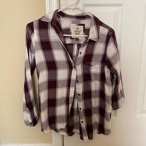 purple and white plaid button up